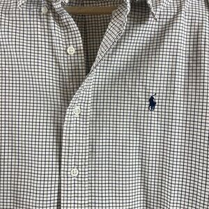 RalphLauren Shirt Men Lg Cream Navy Brown Windowpane Custom Fit Button Down Pony